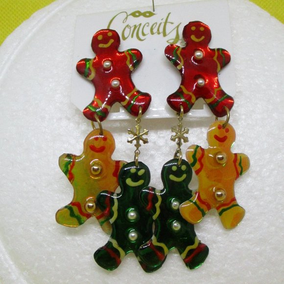 Conceits Earrings Dangle Pierced Moving Gingerbreadman Christmas Earrings - Picture 2 of 9